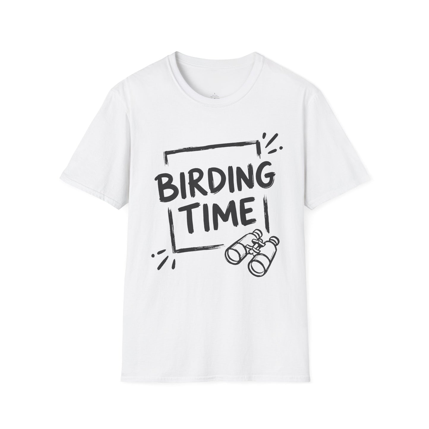 White t-shirt with 'BIRDING TIME' text and binocular graphic on a white background