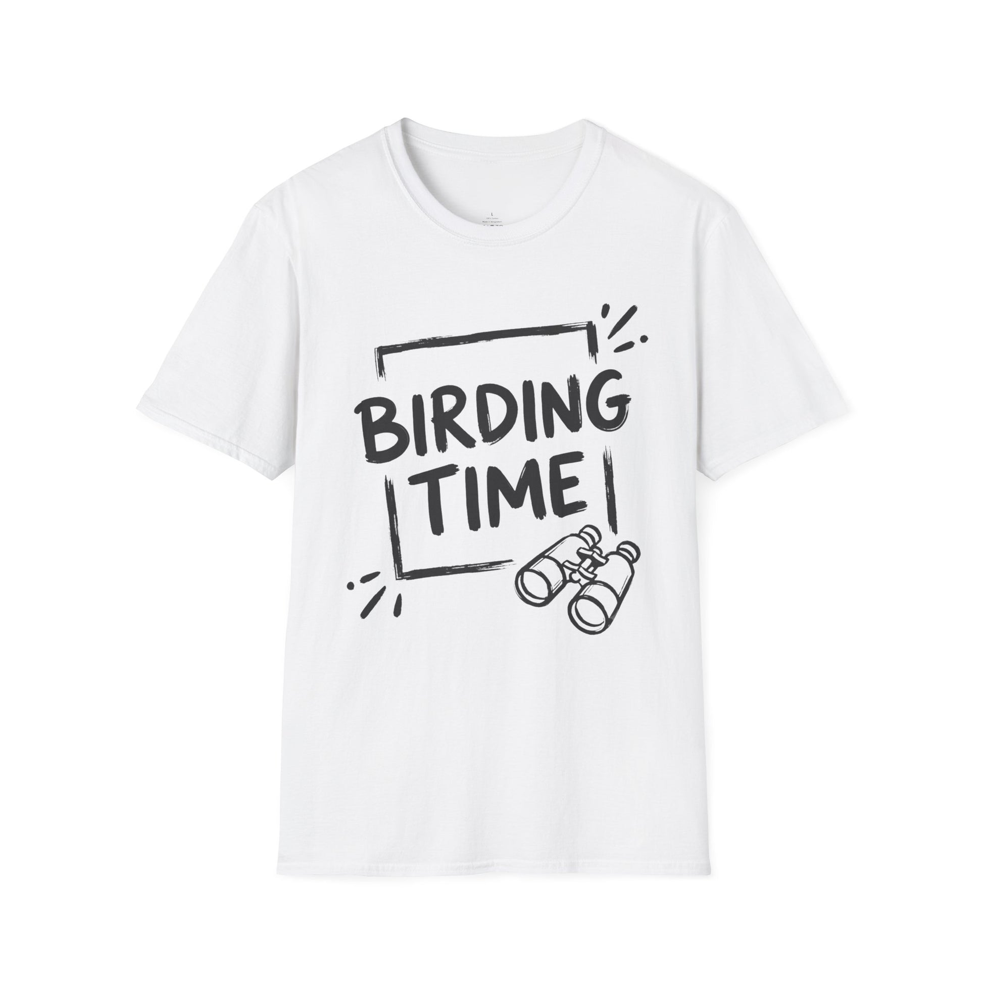 White t-shirt with 'BIRDING TIME' text and binocular graphic on a white background
