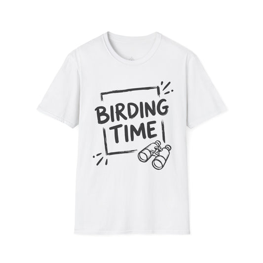 White t-shirt with 'BIRDING TIME' text and binocular graphic on a white background