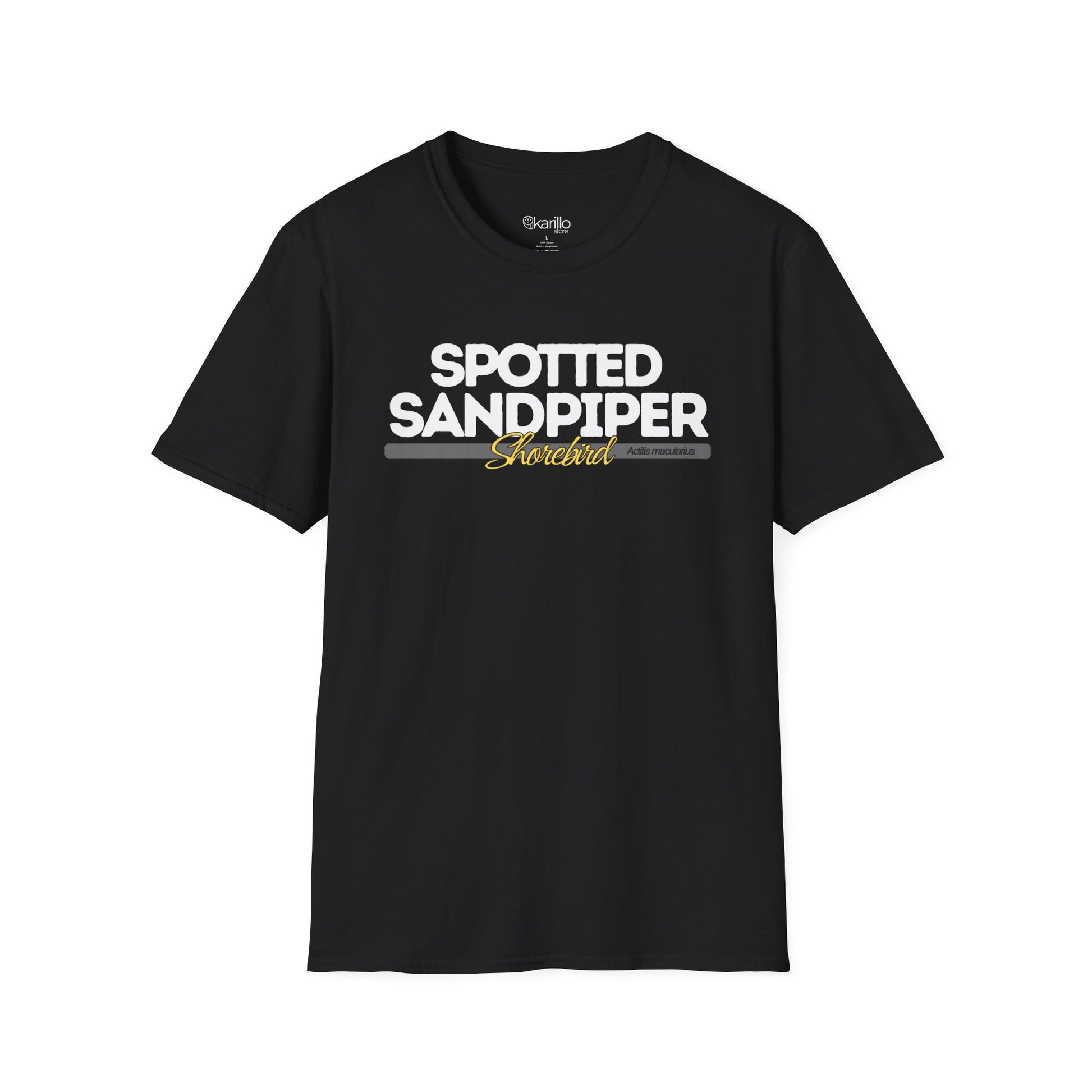 Front view ofblack t-shirt with 'Spotted Sandpiper' text on a white background