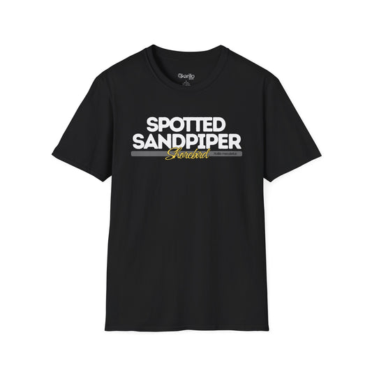 Front view ofblack t-shirt with 'Spotted Sandpiper' text on a white background