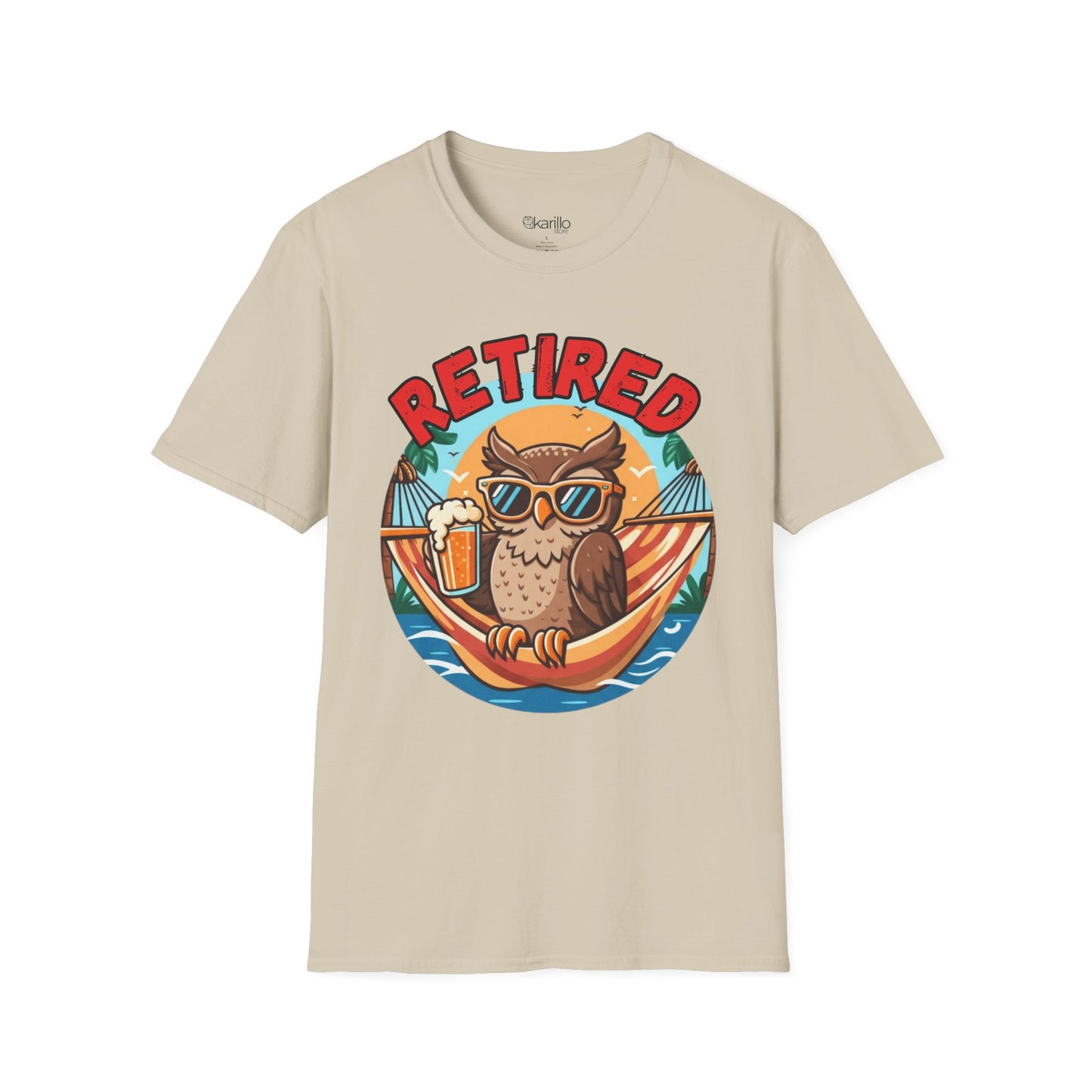 Beige t-shirt with a graphic of an owl in sunglasses and a hammock, accompanied by the word 'RETIRED'.
