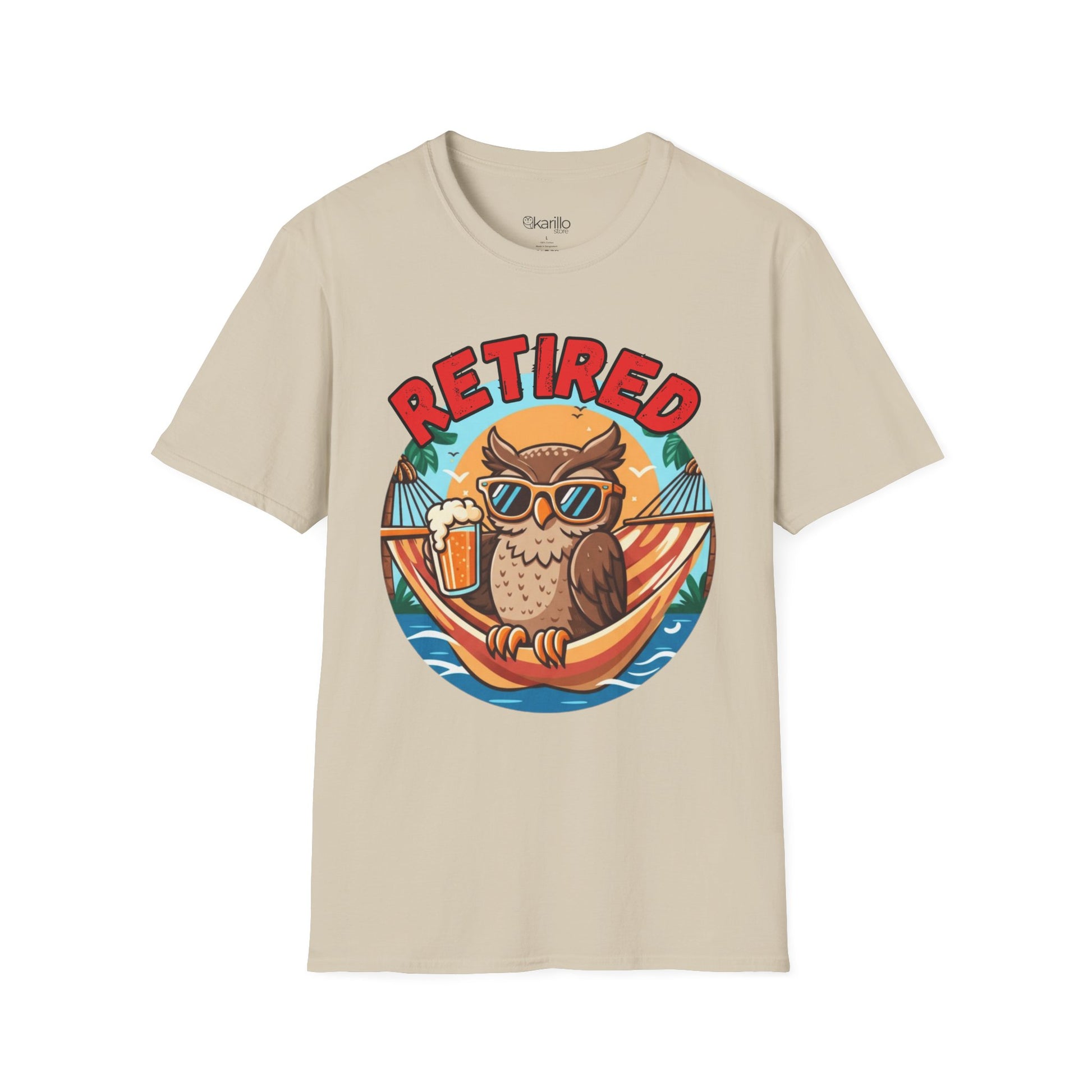 Beige t-shirt with a graphic of an owl in sunglasses and a hammock, accompanied by the word 'RETIRED'.