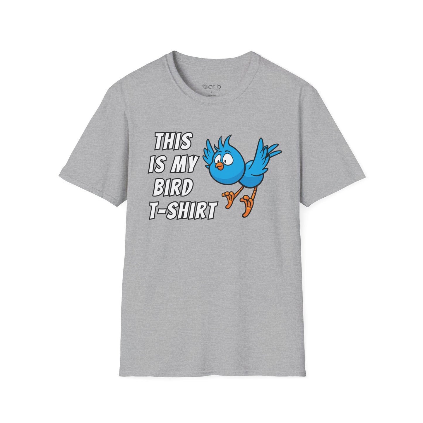 Gray t-shirt with text "this is my bird t-shirt" with blue graphic bird on whithe background.
