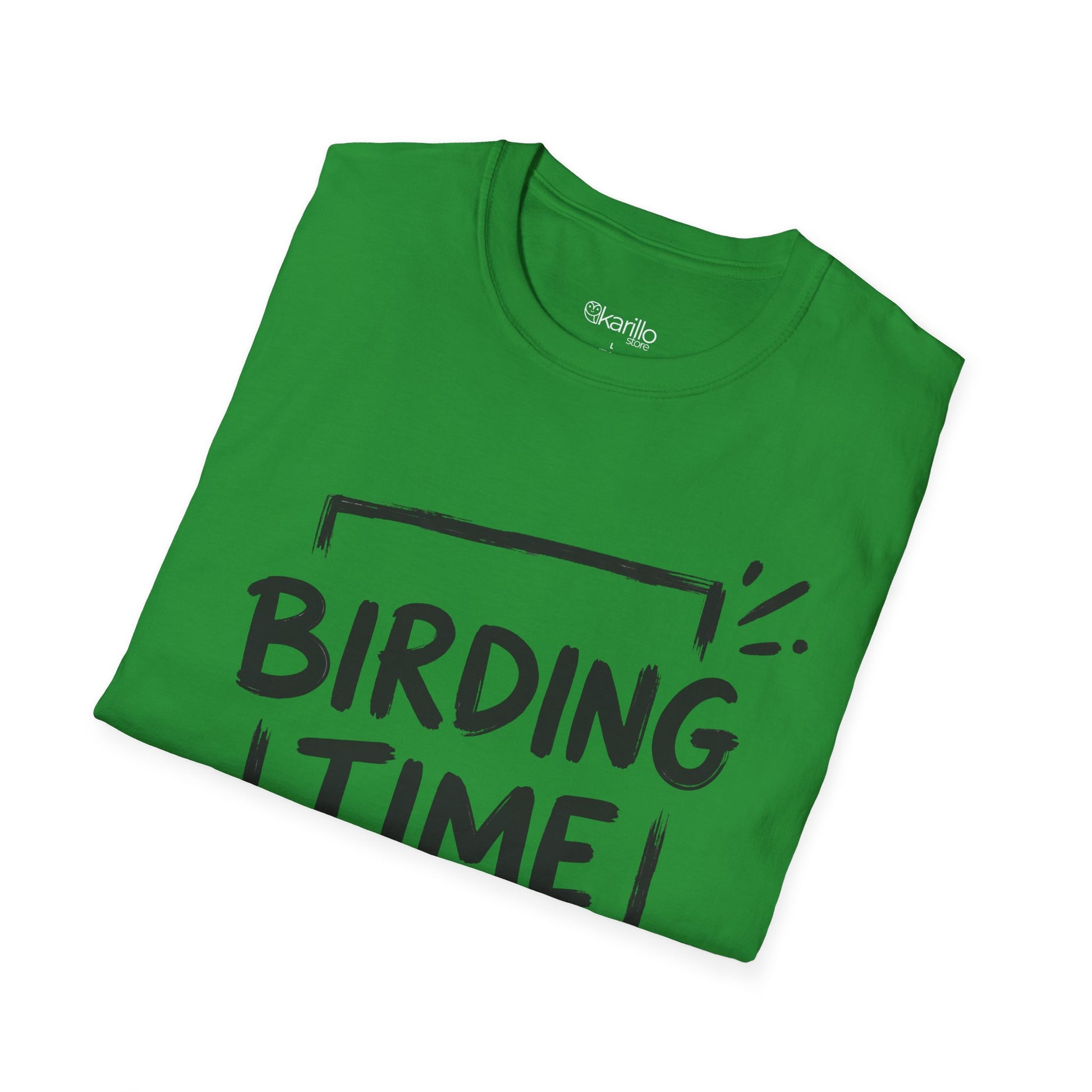 Folded green t-shirt with 'BIRDING TIME!' text with binoculars on a white background
