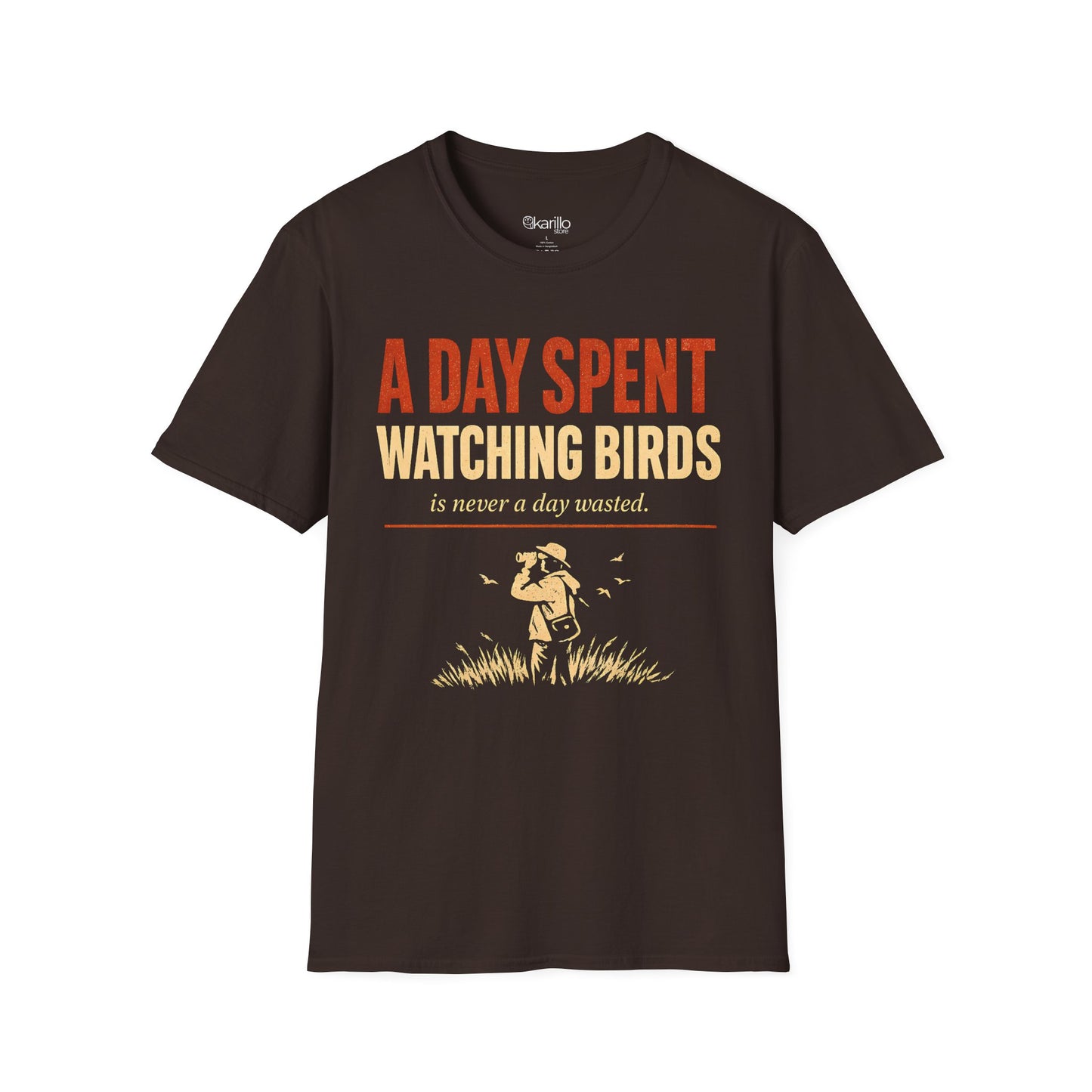 Brown t-shirt with text "a day spent watching birds" and birdwatcher person graphic with white background.