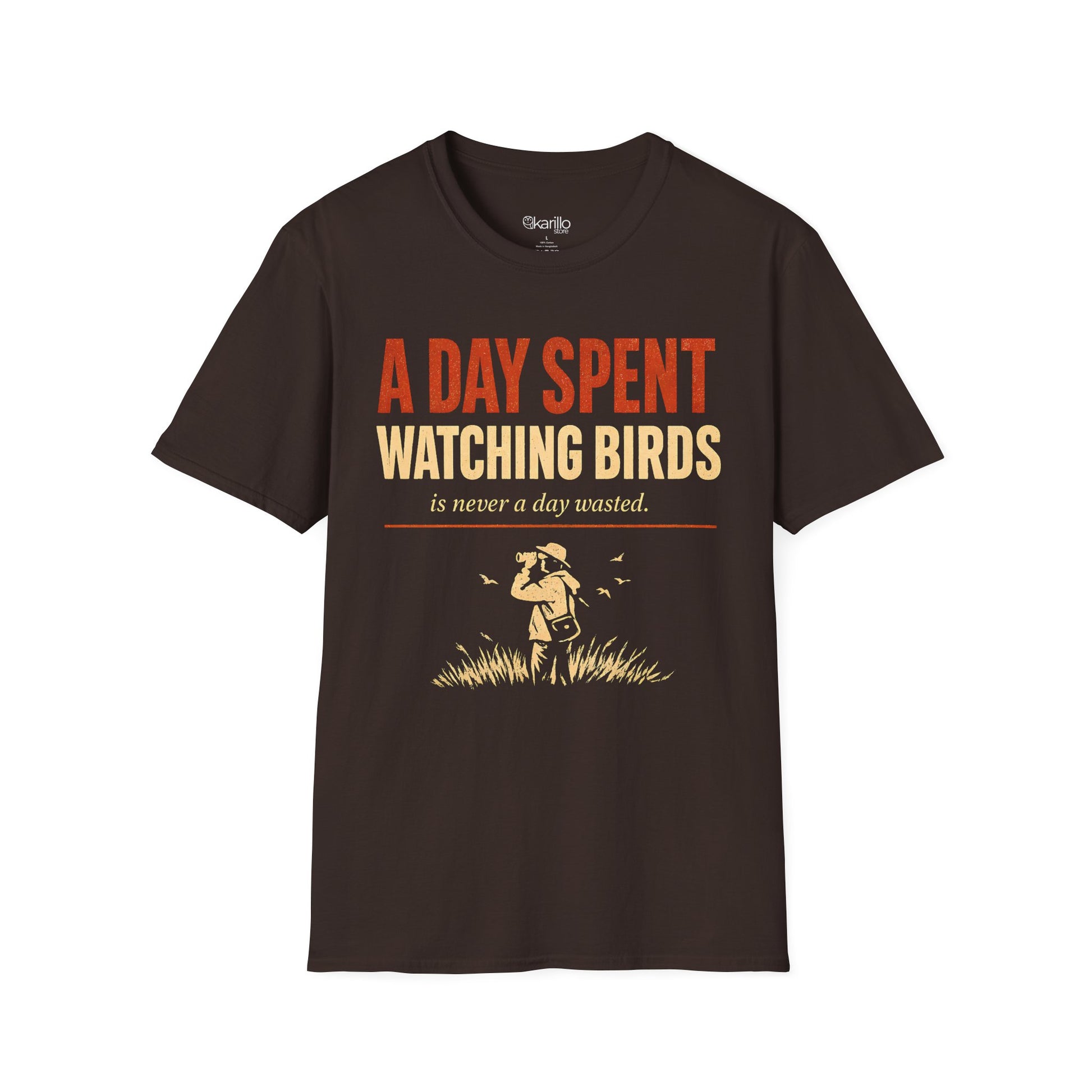 Brown t-shirt with text "a day spent watching birds" and birdwatcher person graphic with white background.