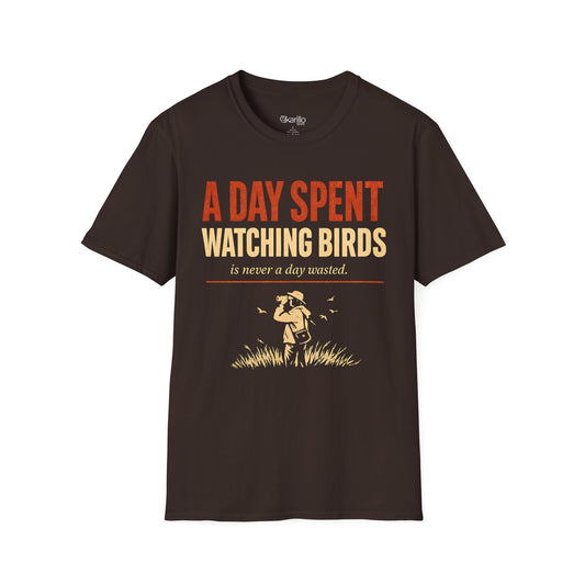 Brown t-shirt with text "a day spent watching birds" and birdwatcher person graphic with white background.