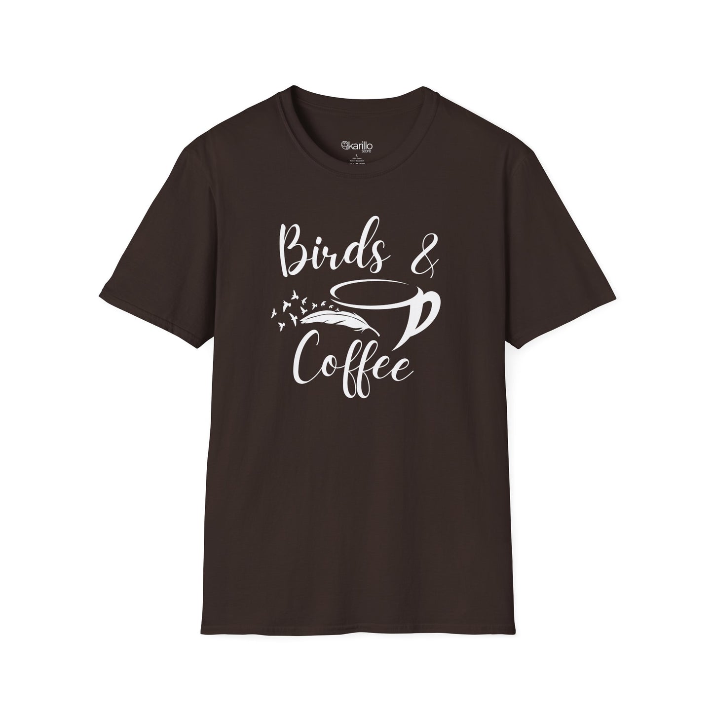 Brown t-shirt with 'Birds & Coffee' text and graphic on a white background