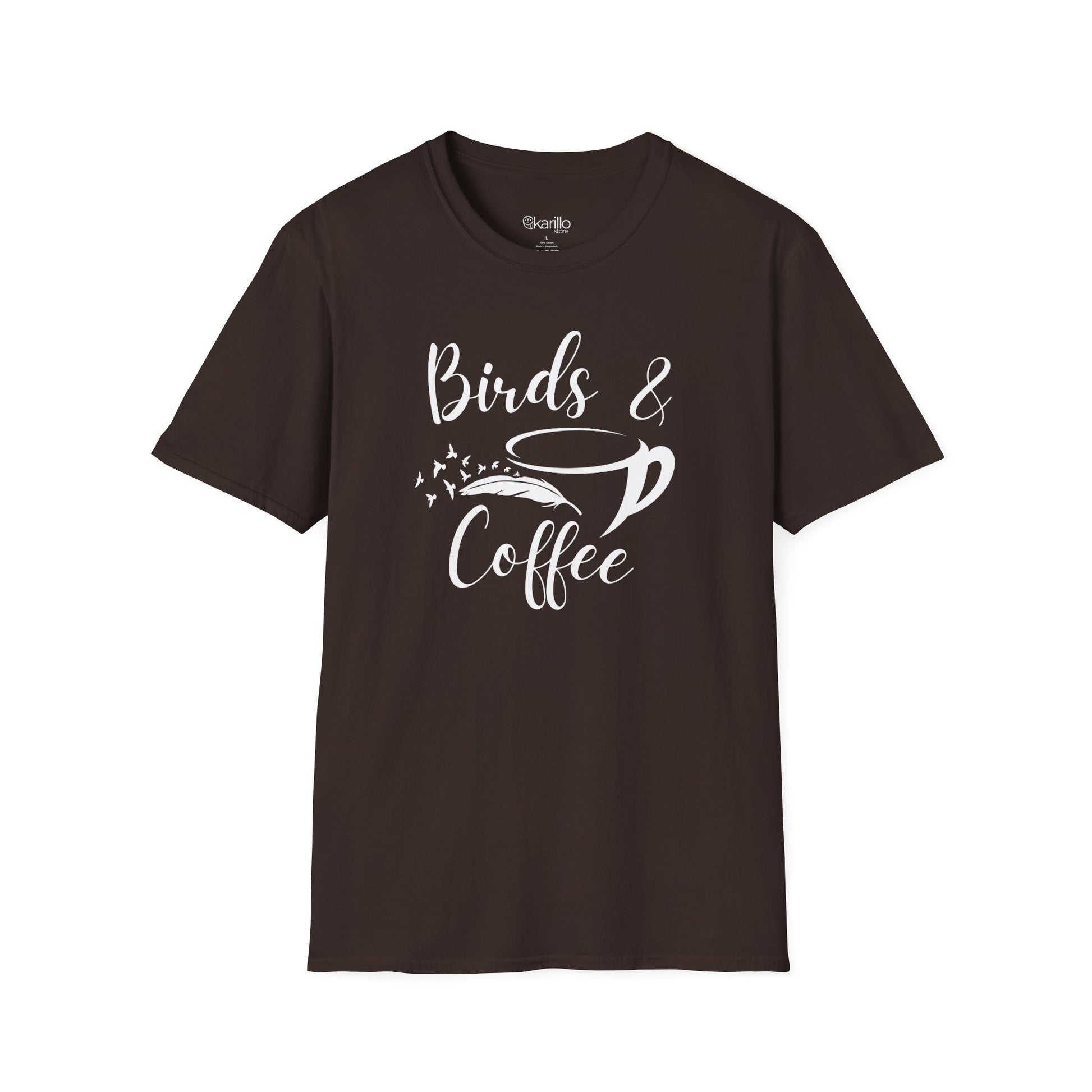 Brown t-shirt with 'Birds & Coffee' text and graphic on a white background