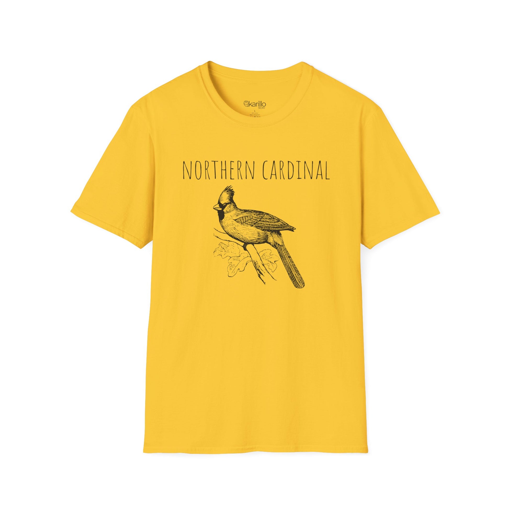 Yellow t-shirt with a Northern Cardinal graphic and text on a white background