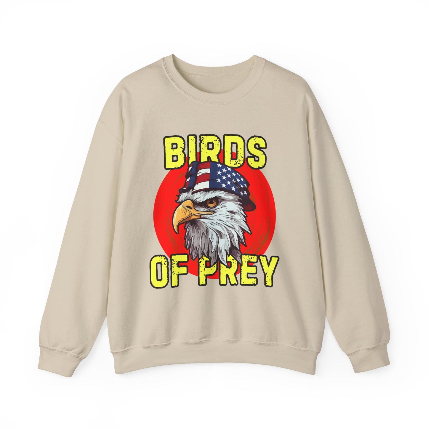 Beige sweatshirt with an eagle graphic and 'Birds of Prey' text on a white background