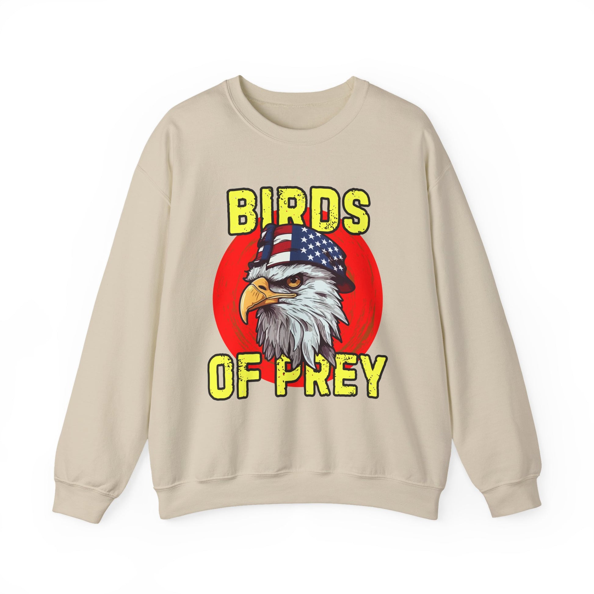 Beige sweatshirt with an eagle graphic and 'Birds of Prey' text on a white background