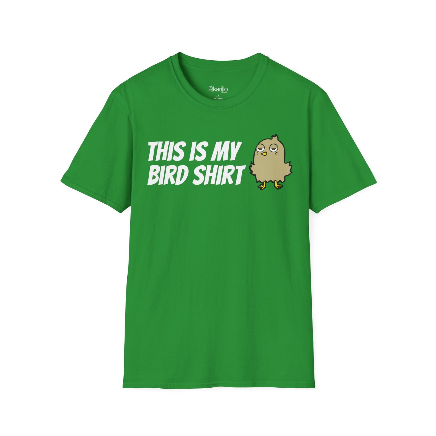 Green t-shirt with "this is my bird shirt" with a graphic cartoon bird on a  white background.