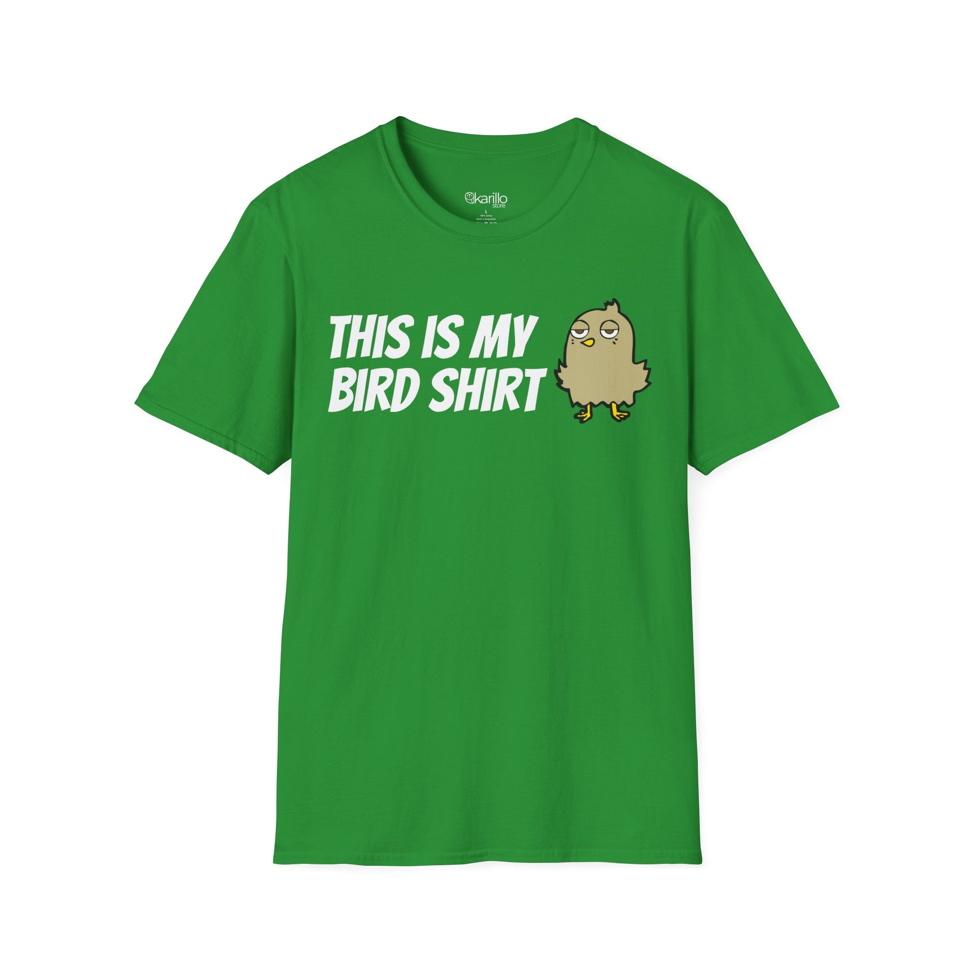 Green t-shirt with "this is my bird shirt" with a graphic cartoon bird on a  white background.