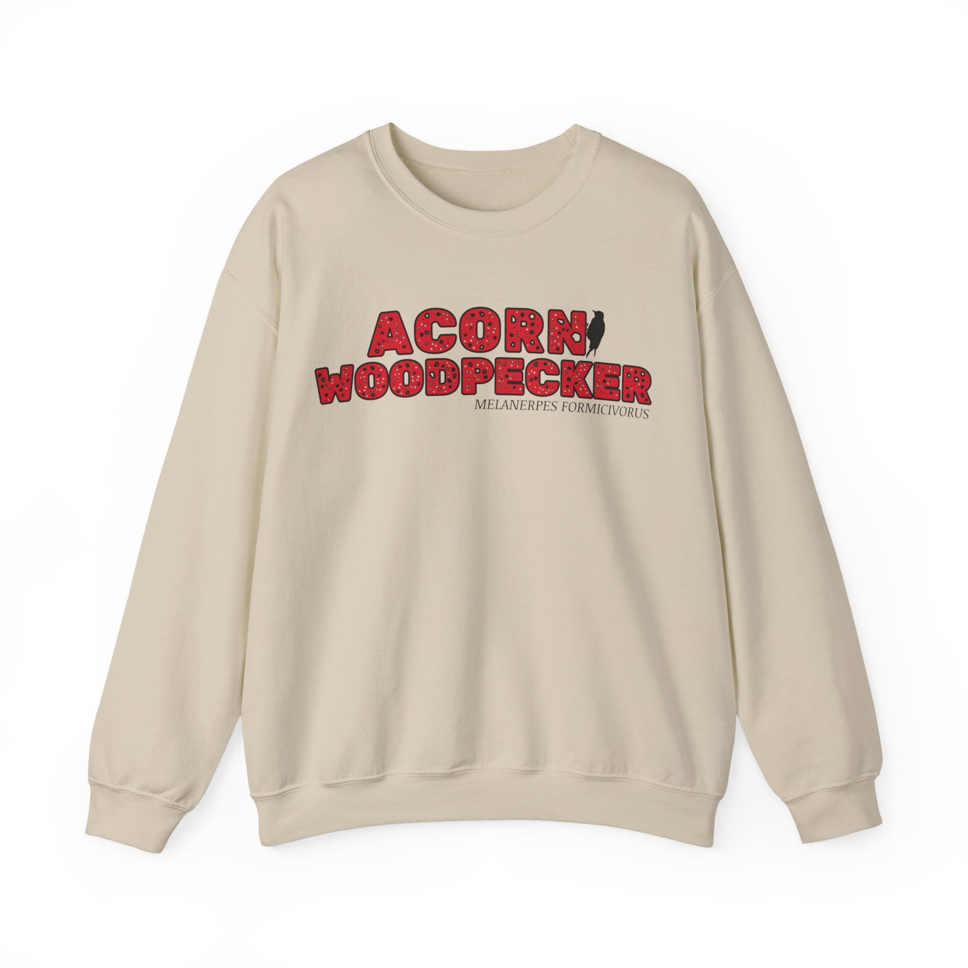 Beige sweatshirt with 'Acorn Woodpecker' text and logo on a white background