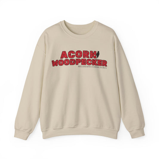 Beige sweatshirt with 'Acorn Woodpecker' text and logo on a white background