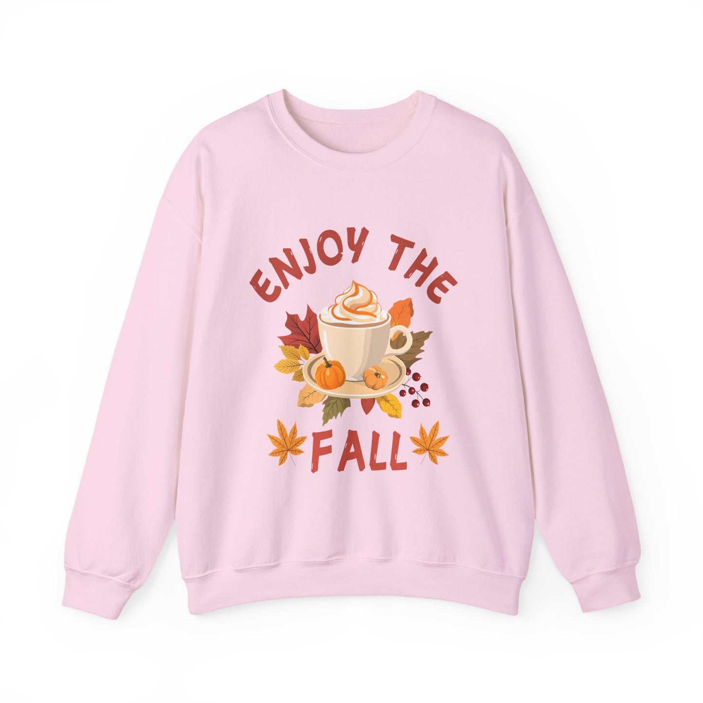 Pink sweatshirt with 'Enjoy the Fall' text and autumn-themed graphics on a white background
