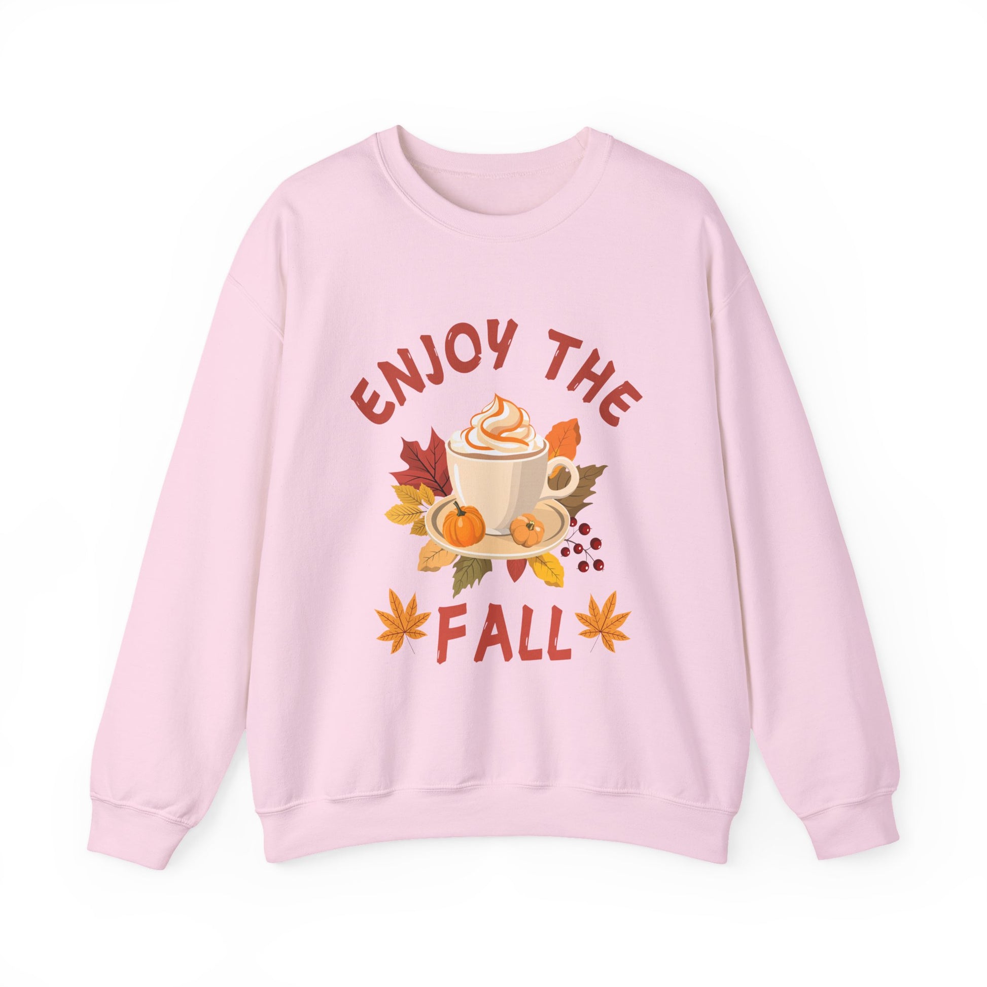 Pink sweatshirt with 'Enjoy the Fall' text and autumn-themed graphics on a white background