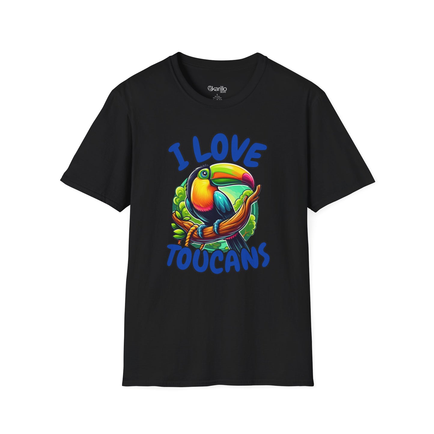 Front view black t-shirt with a colorful toucan graphic and 'I Love Toucans' text on a white background