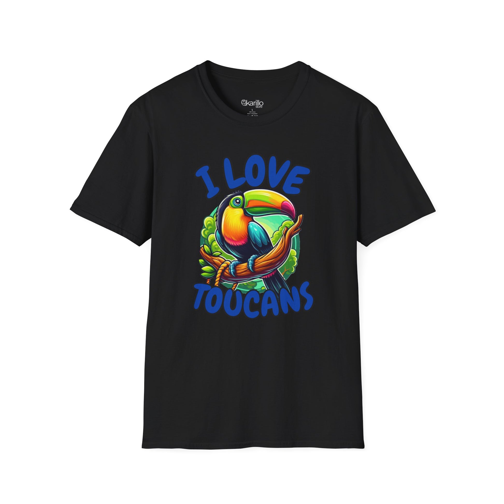 Front view black t-shirt with a colorful toucan graphic and 'I Love Toucans' text on a white background