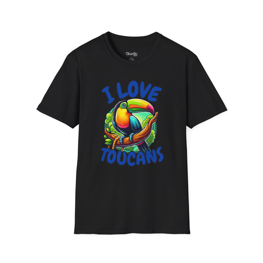 Front view black t-shirt with a colorful toucan graphic and 'I Love Toucans' text on a white background