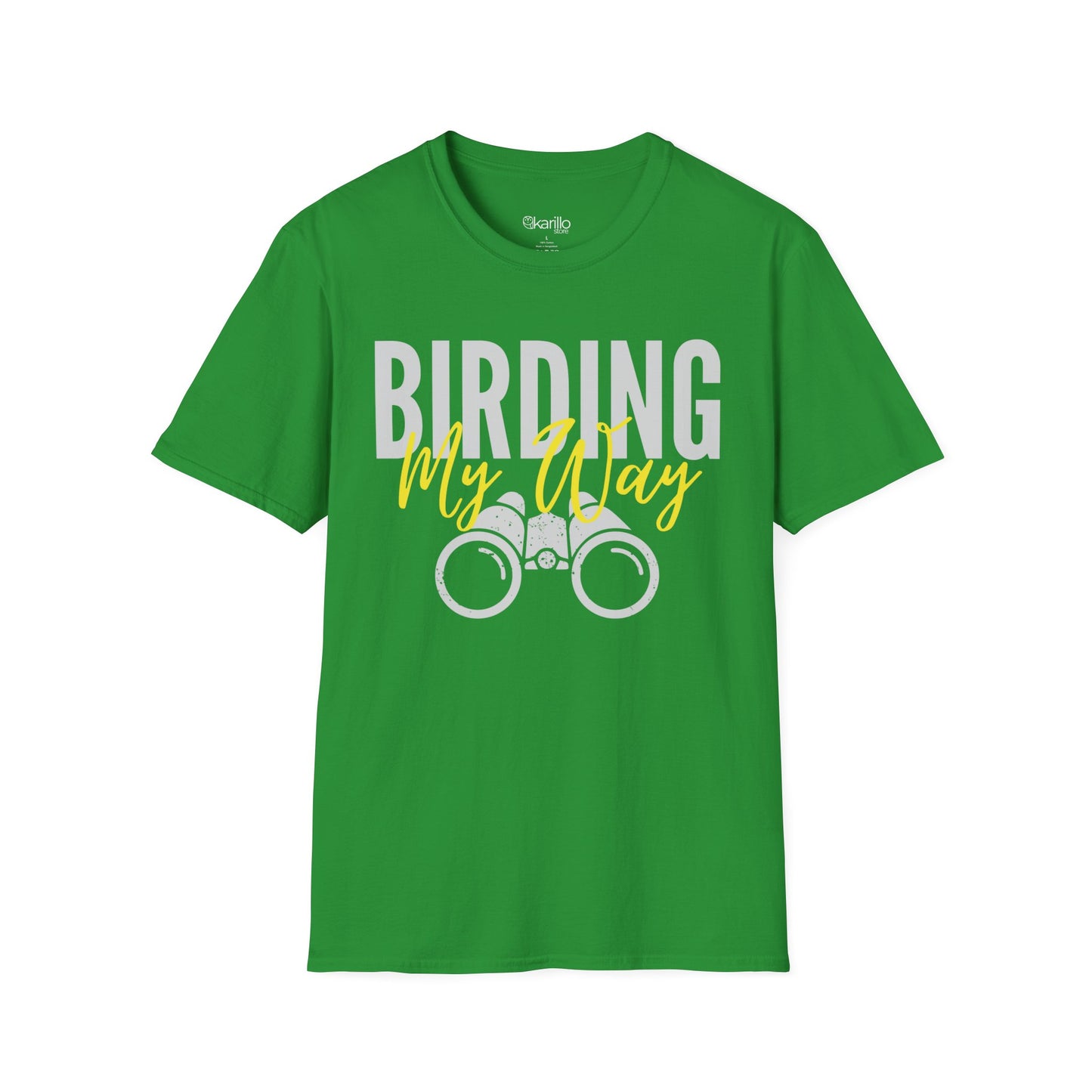 Green unisex t-shirt featuring 'Birding My Way' text with a vintage binoculars graphic — perfect gift for birdwatching enthusiasts