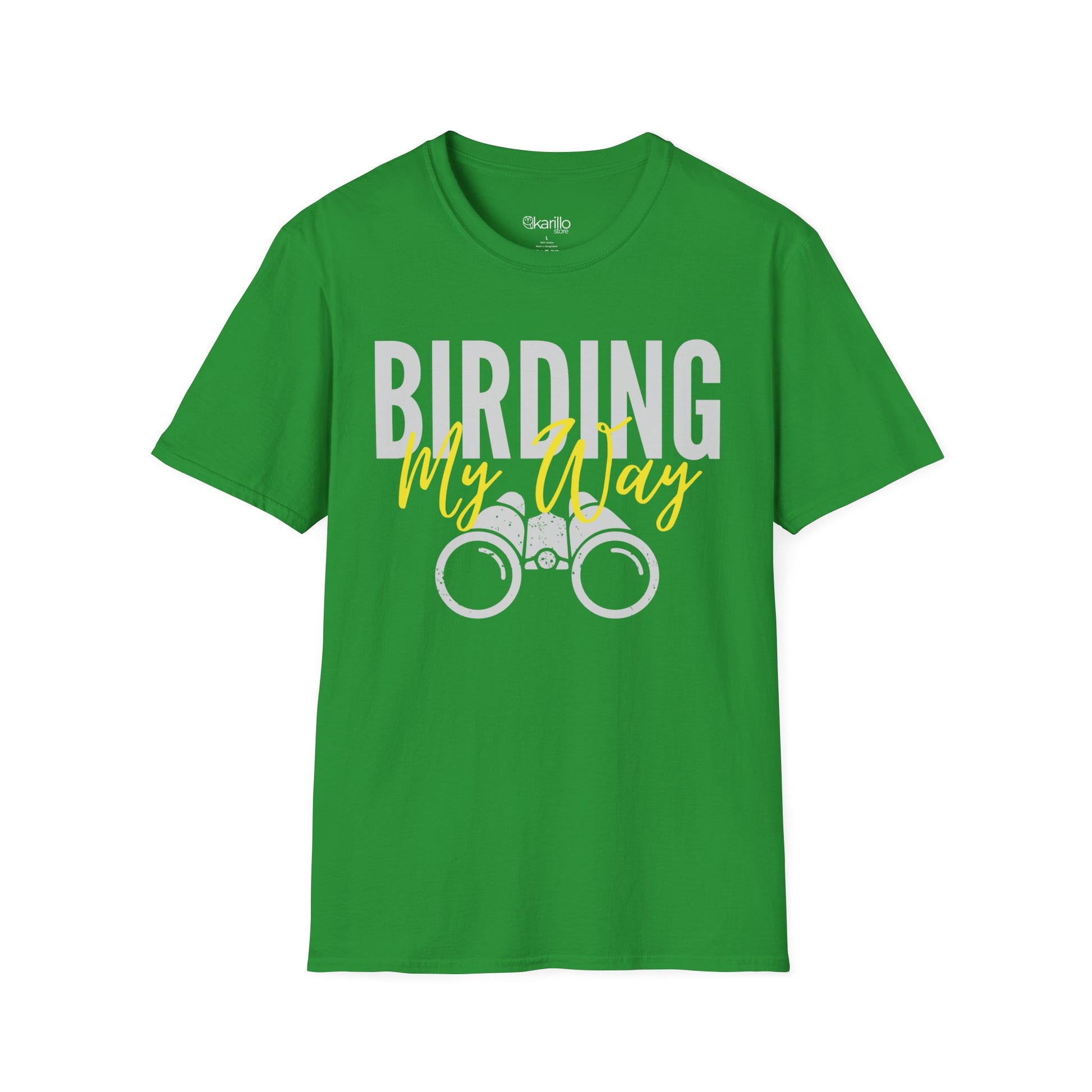 Green unisex t-shirt featuring 'Birding My Way' text with a vintage binoculars graphic — perfect gift for birdwatching enthusiasts