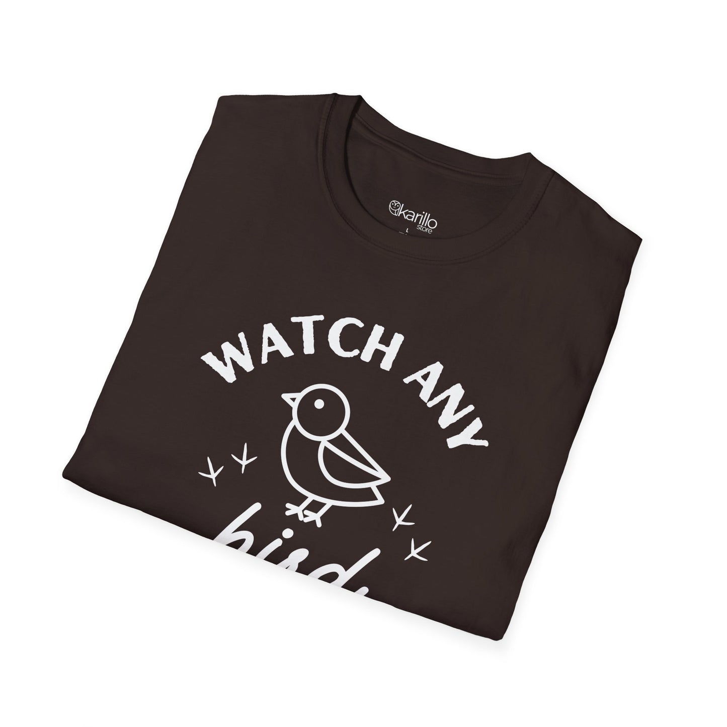 Folded view Brown t-shirt with "watch any bird" text and bird graphic on a white background