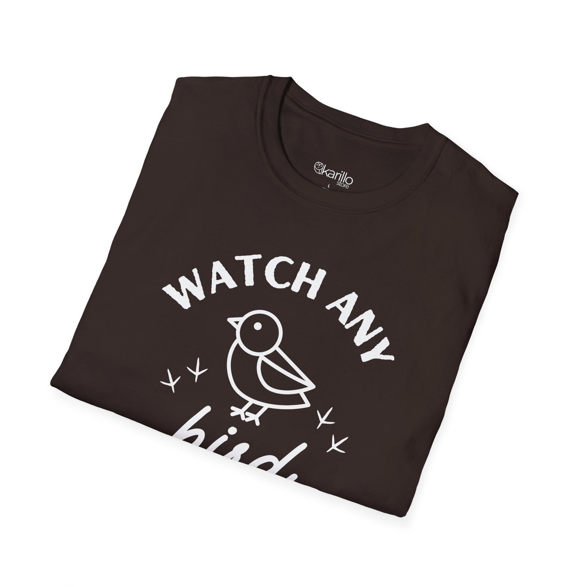 Folded view Brown t-shirt with "watch any bird" text and bird graphic on a white background