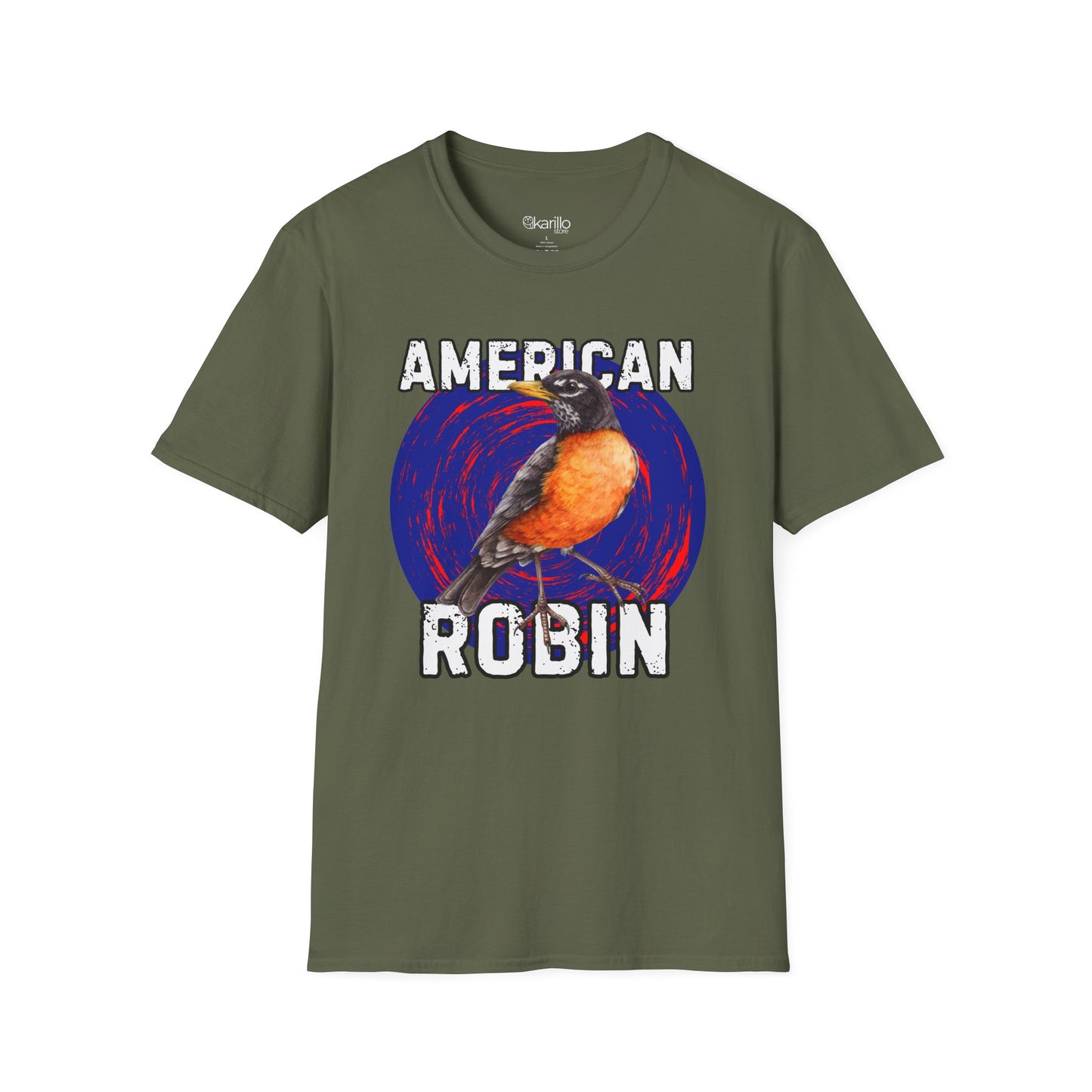 Green t-shirt with an American Robin graphic and text on a white background