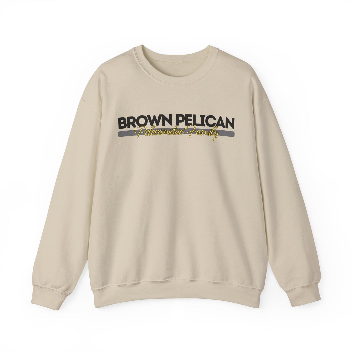 Beige sweatshirt with 'Brown Pelican' logo on a white background