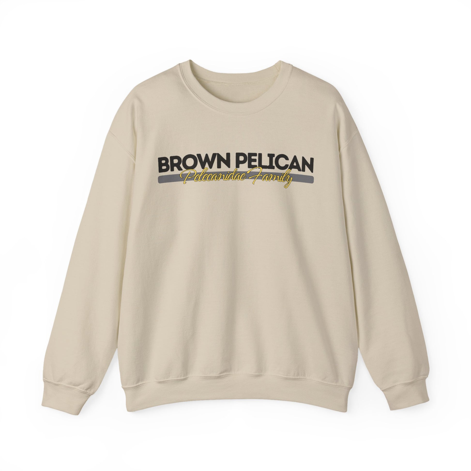 Beige sweatshirt with 'Brown Pelican' logo on a white background