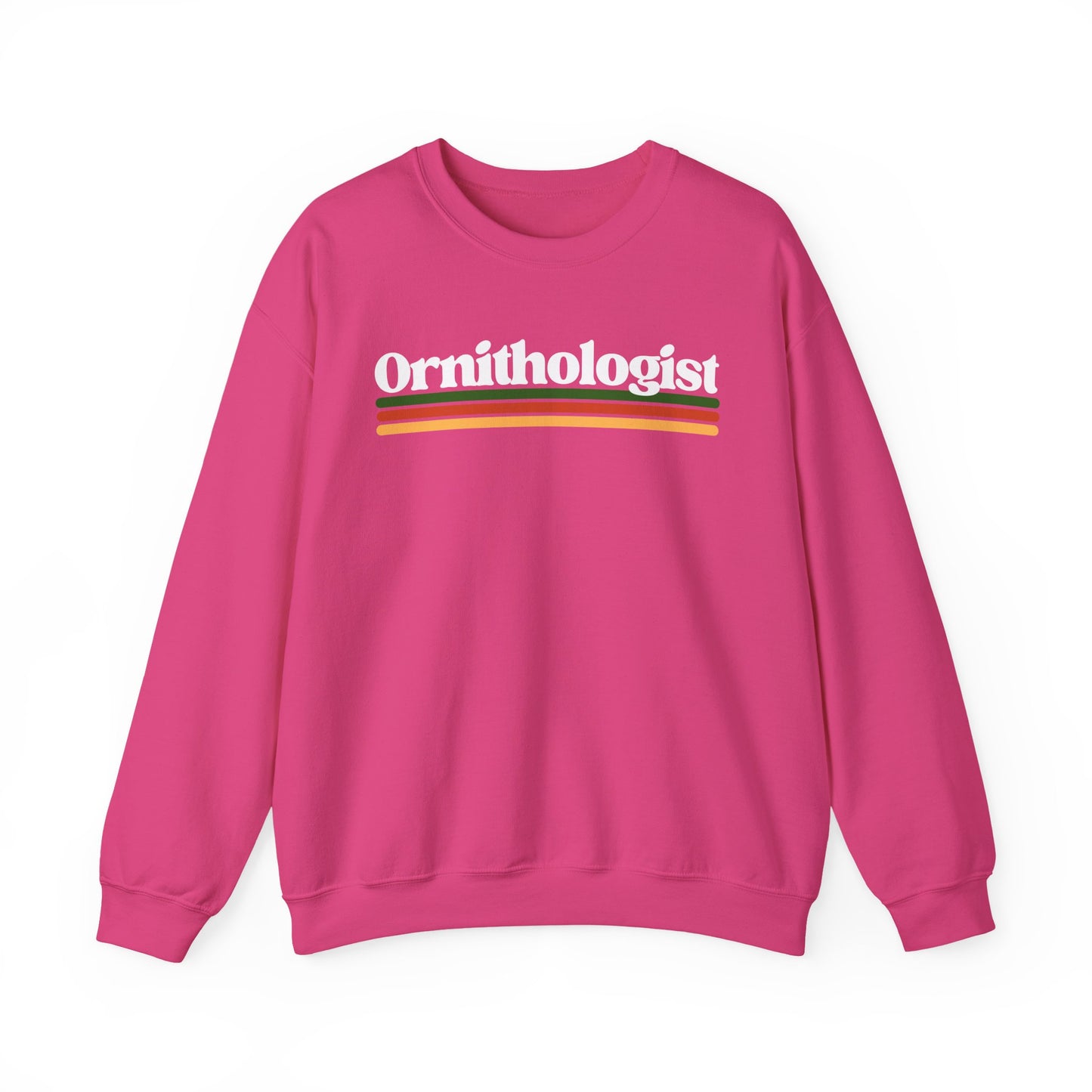 Pink sweatshirt with 'Ornithologist' text on a white background
