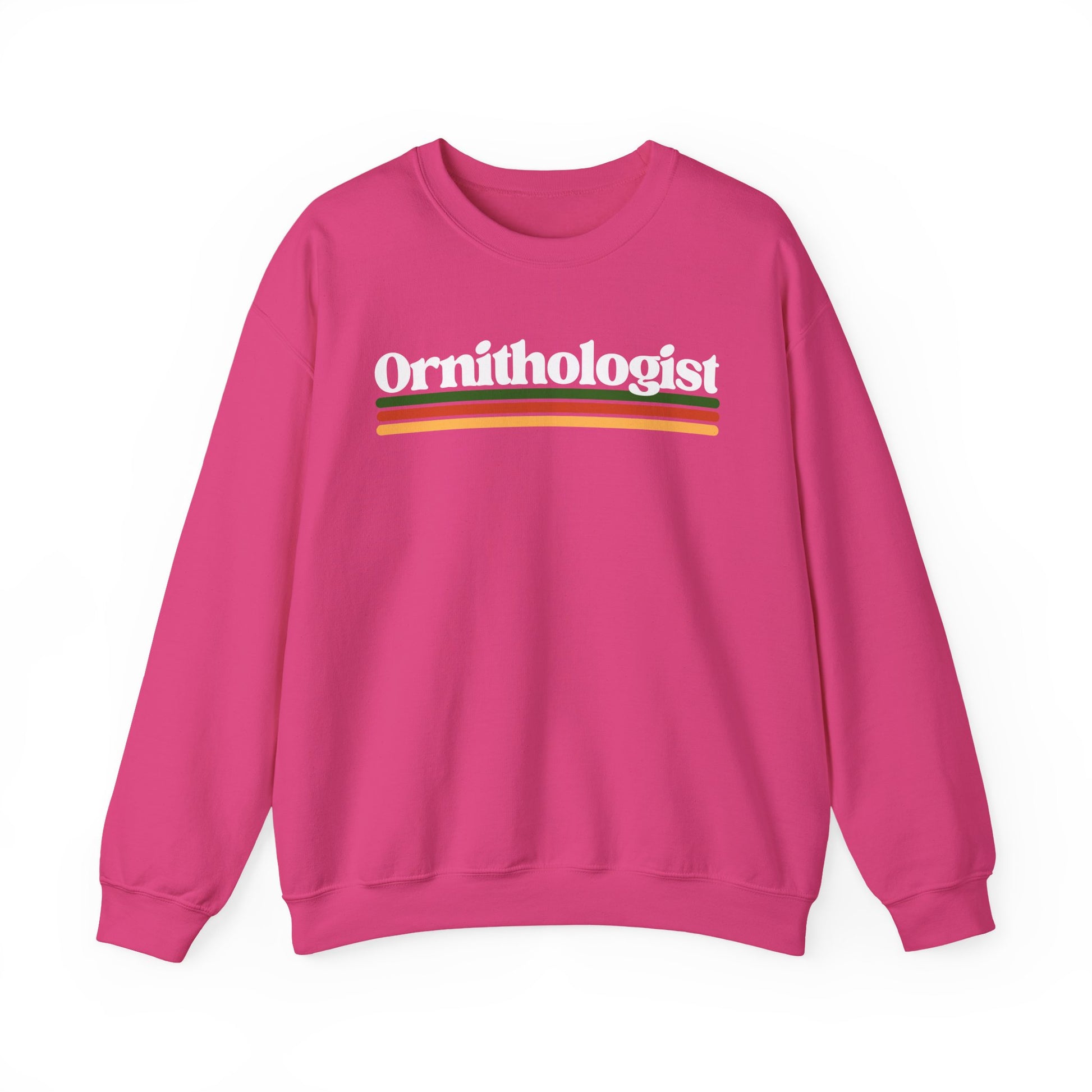 Pink sweatshirt with 'Ornithologist' text on a white background