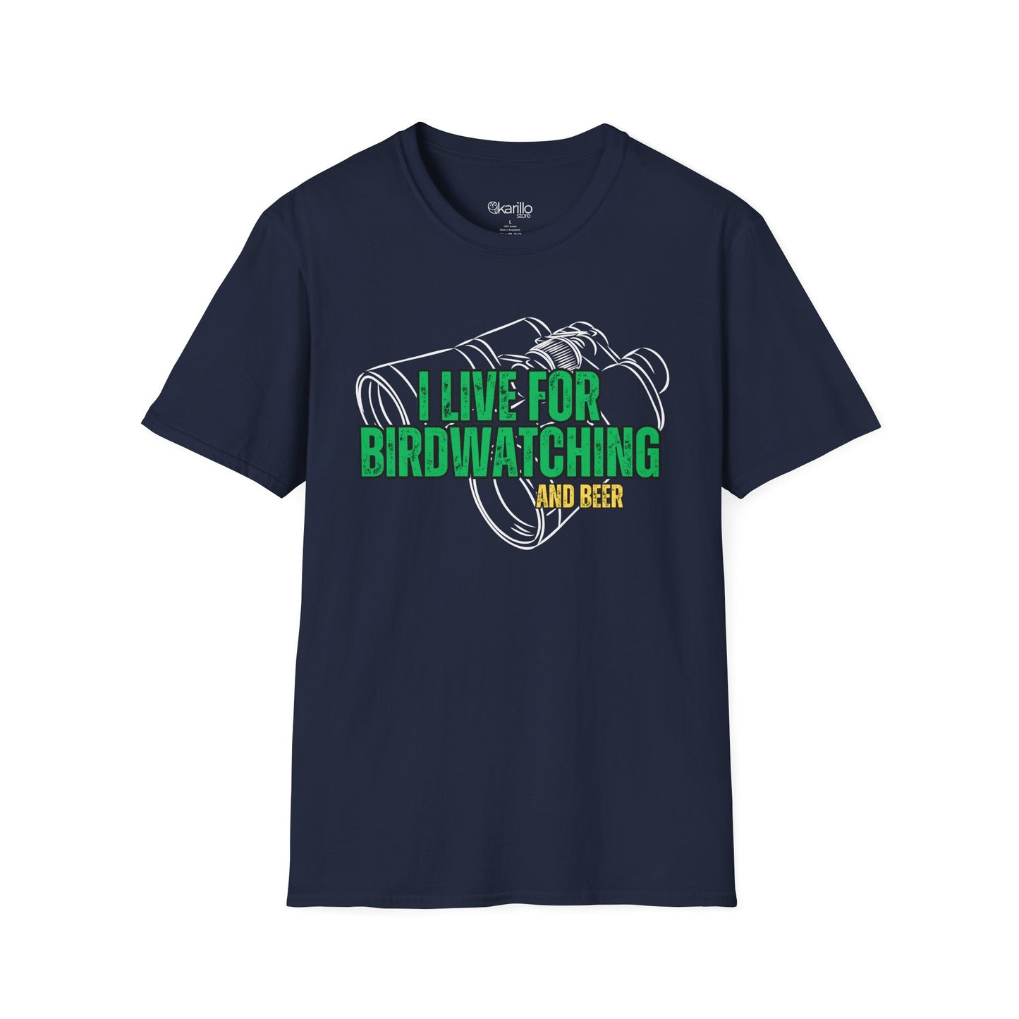 navy blue t-shirt with birdwatching and beer graphic and text on a white background