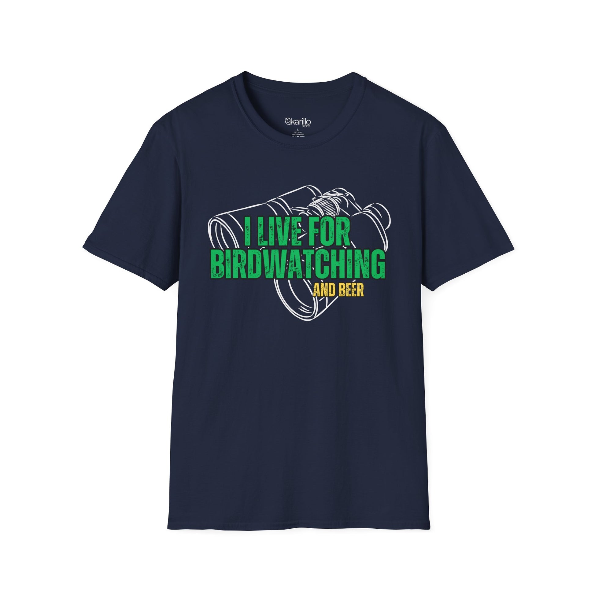 navy blue t-shirt with birdwatching and beer graphic and text on a white background