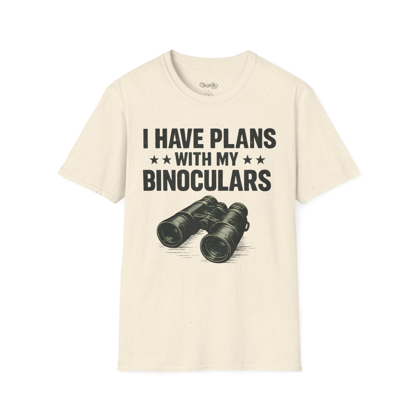 Beige t-shirt with binoculars graphic and text on a white background