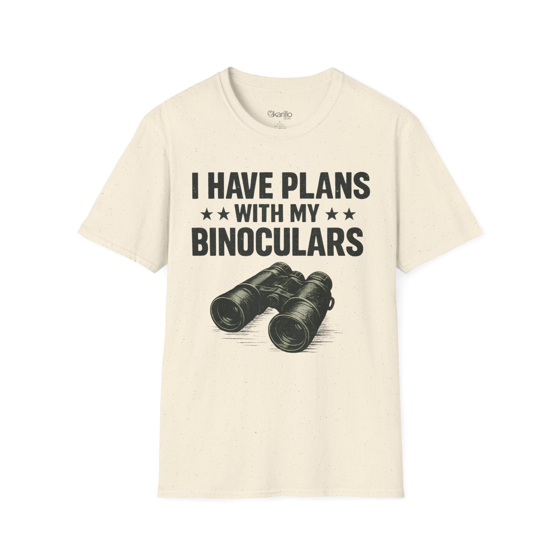 Beige t-shirt with binoculars graphic and text on a white background