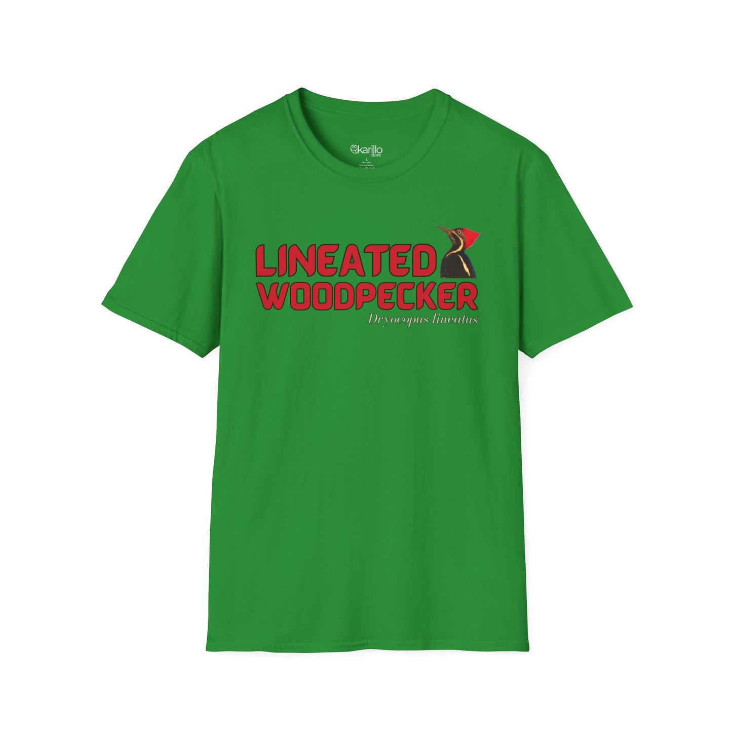 Front view green t-shirt with "lineated woodpecker" text on a white background
