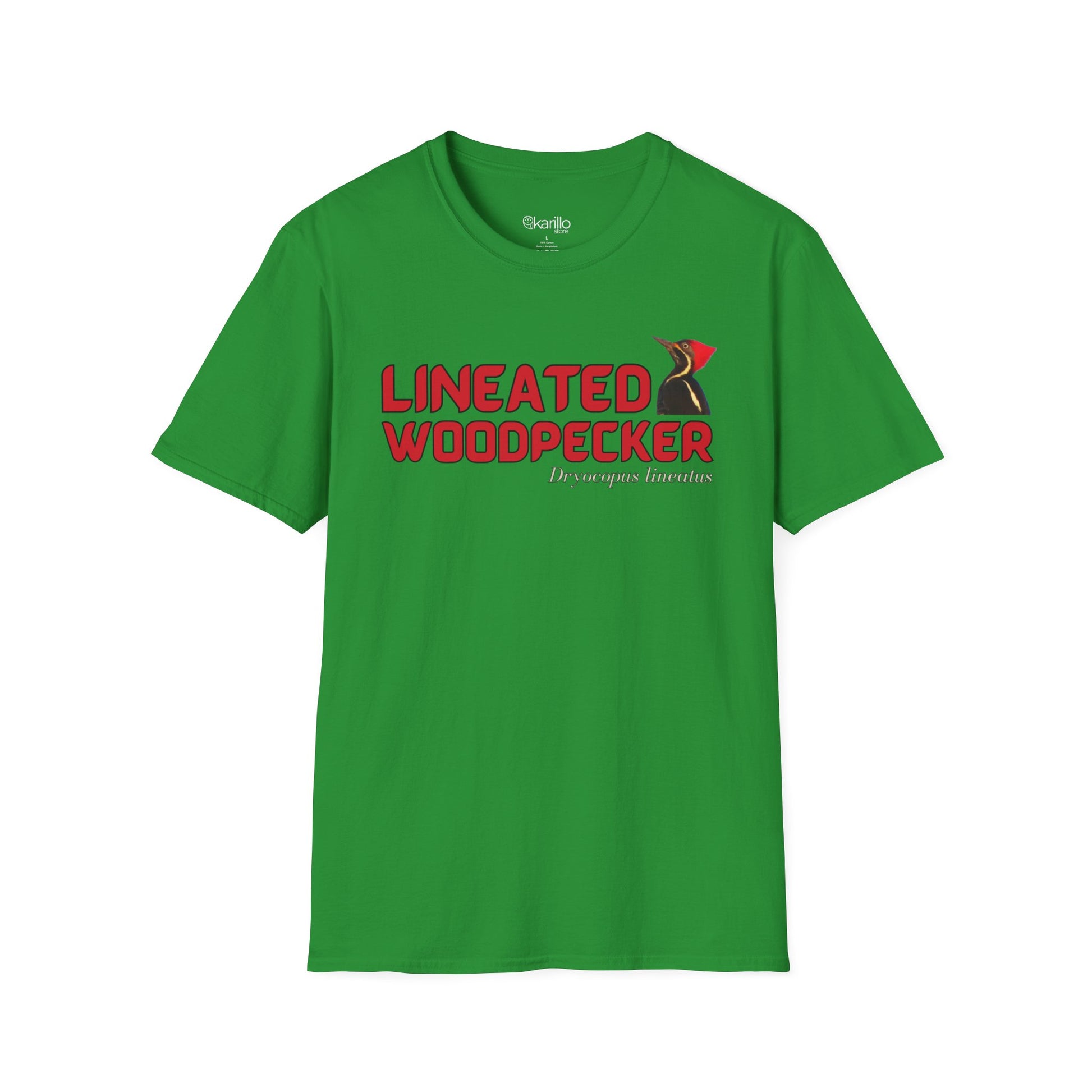 Front view green t-shirt with "lineated woodpecker" text on a white background