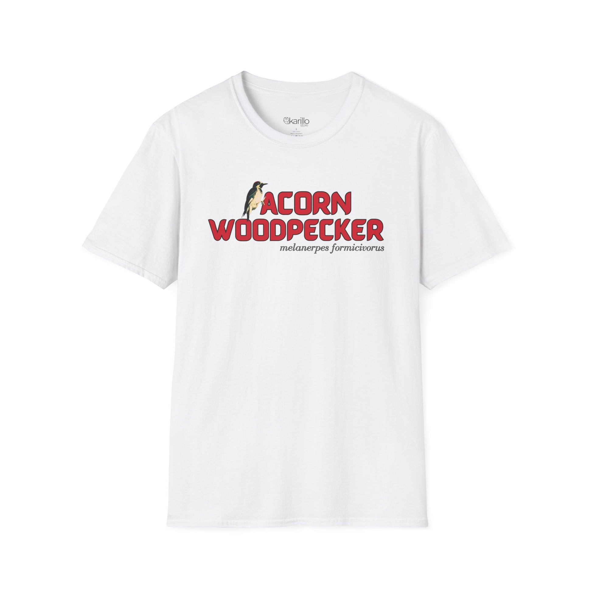 Front view of white t-shirt with 'acorn woodpecker' text on a white background