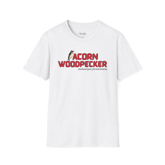 Front view of white t-shirt with 'acorn woodpecker' text on a white background