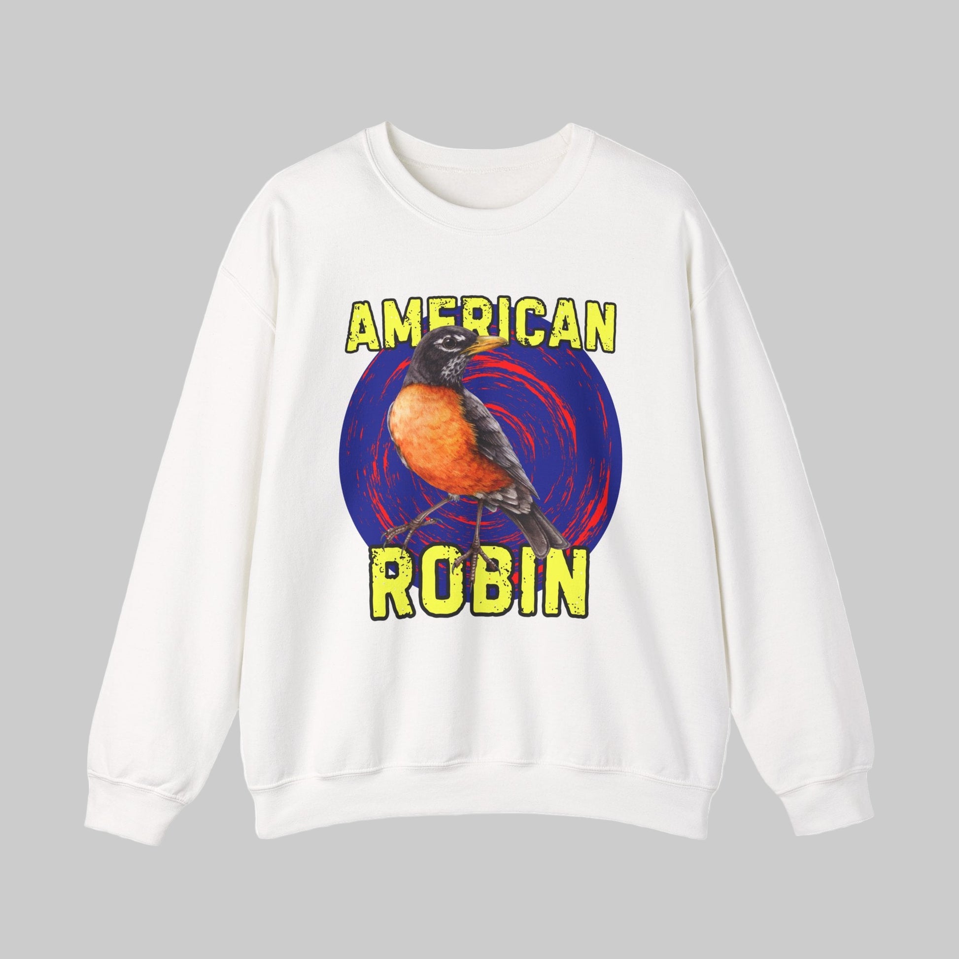 White sweatshirt with 'American Robin' graphic on a gray background