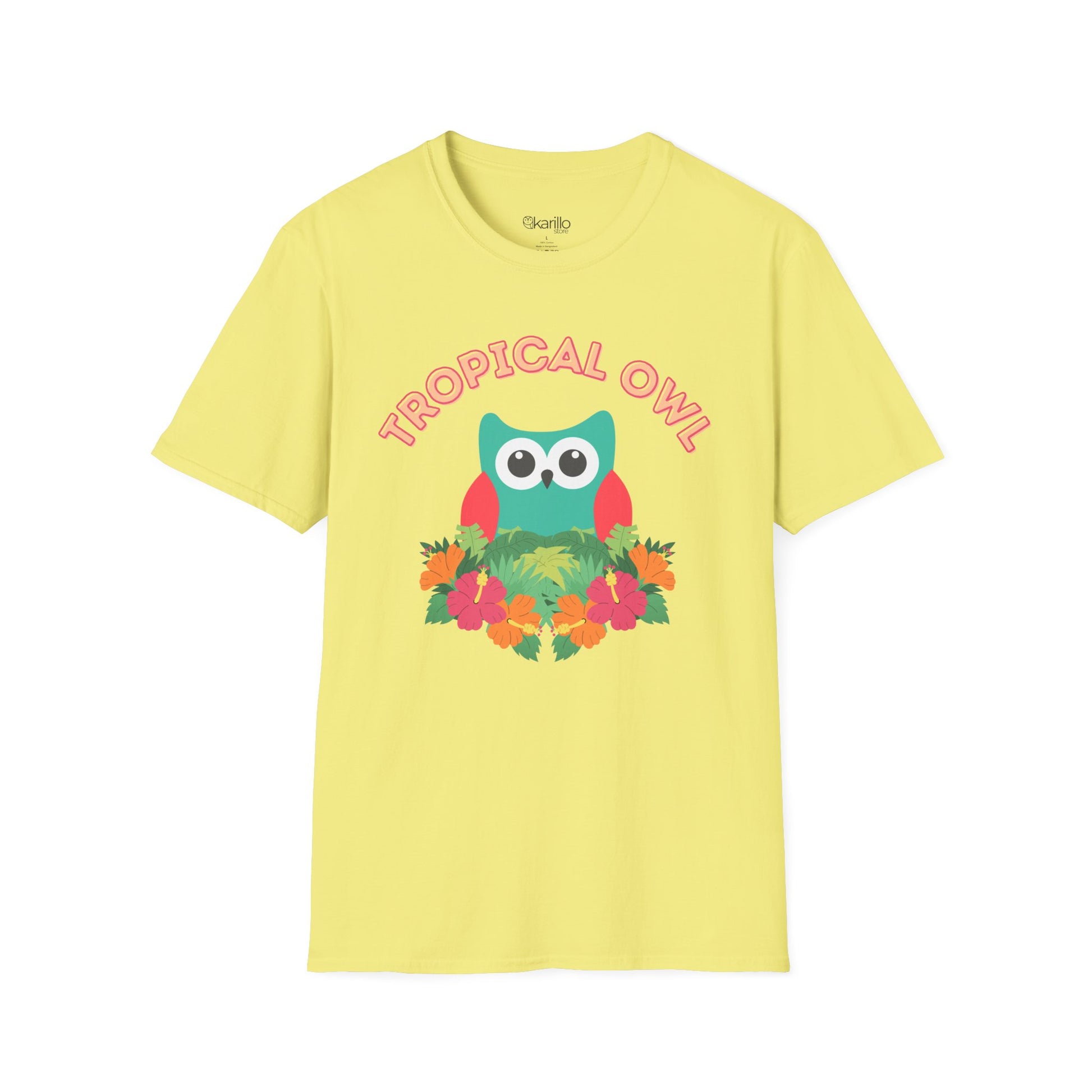 Yellow t-shirt with a 'Tropical Owl' design on a white background