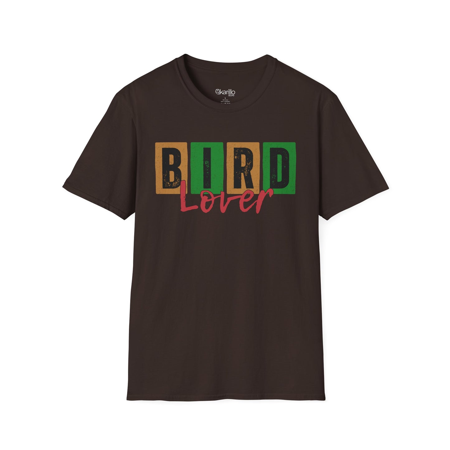 Front view of brown t-shirt with 'Bird Lover' text on a white background