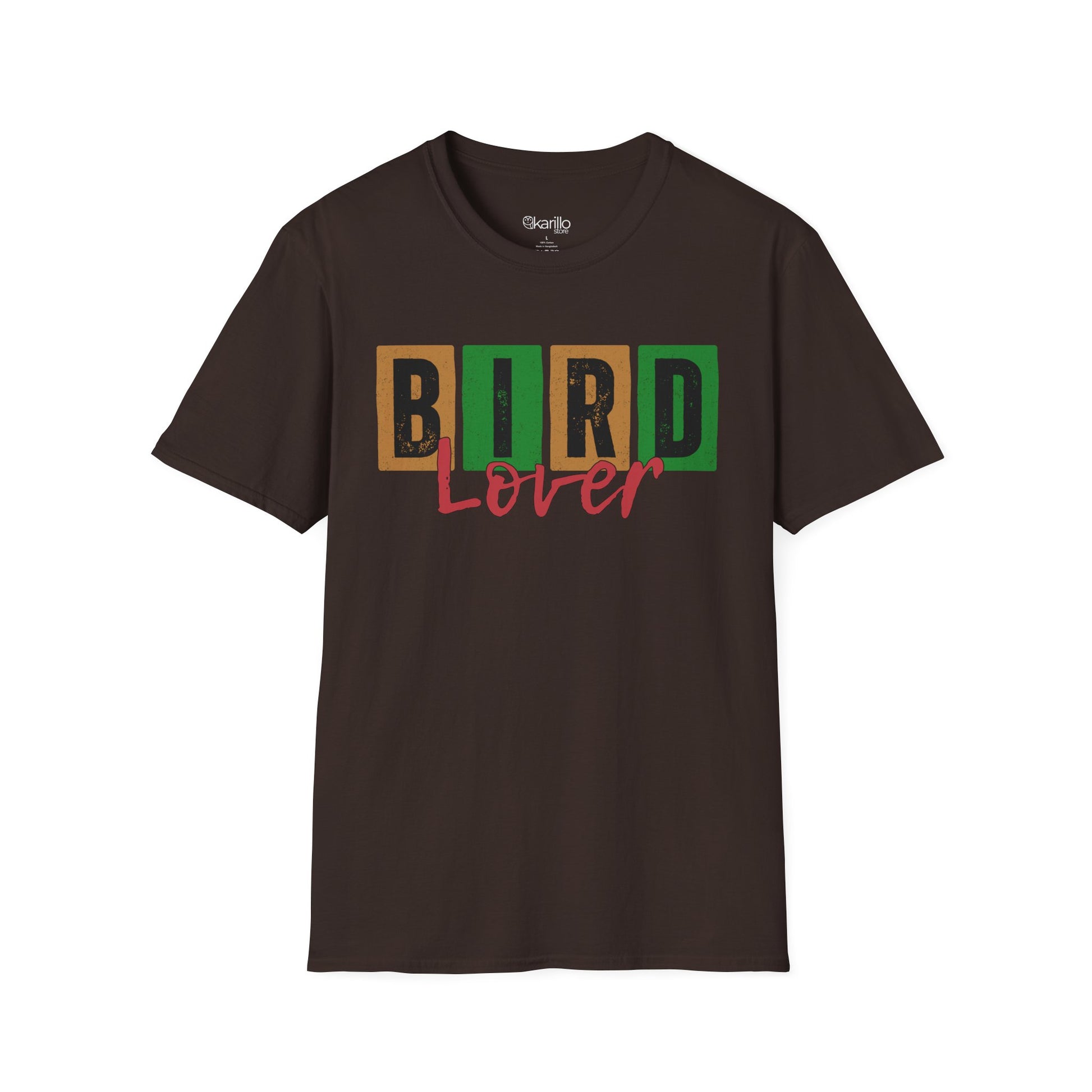 Front view of brown t-shirt with 'Bird Lover' text on a white background