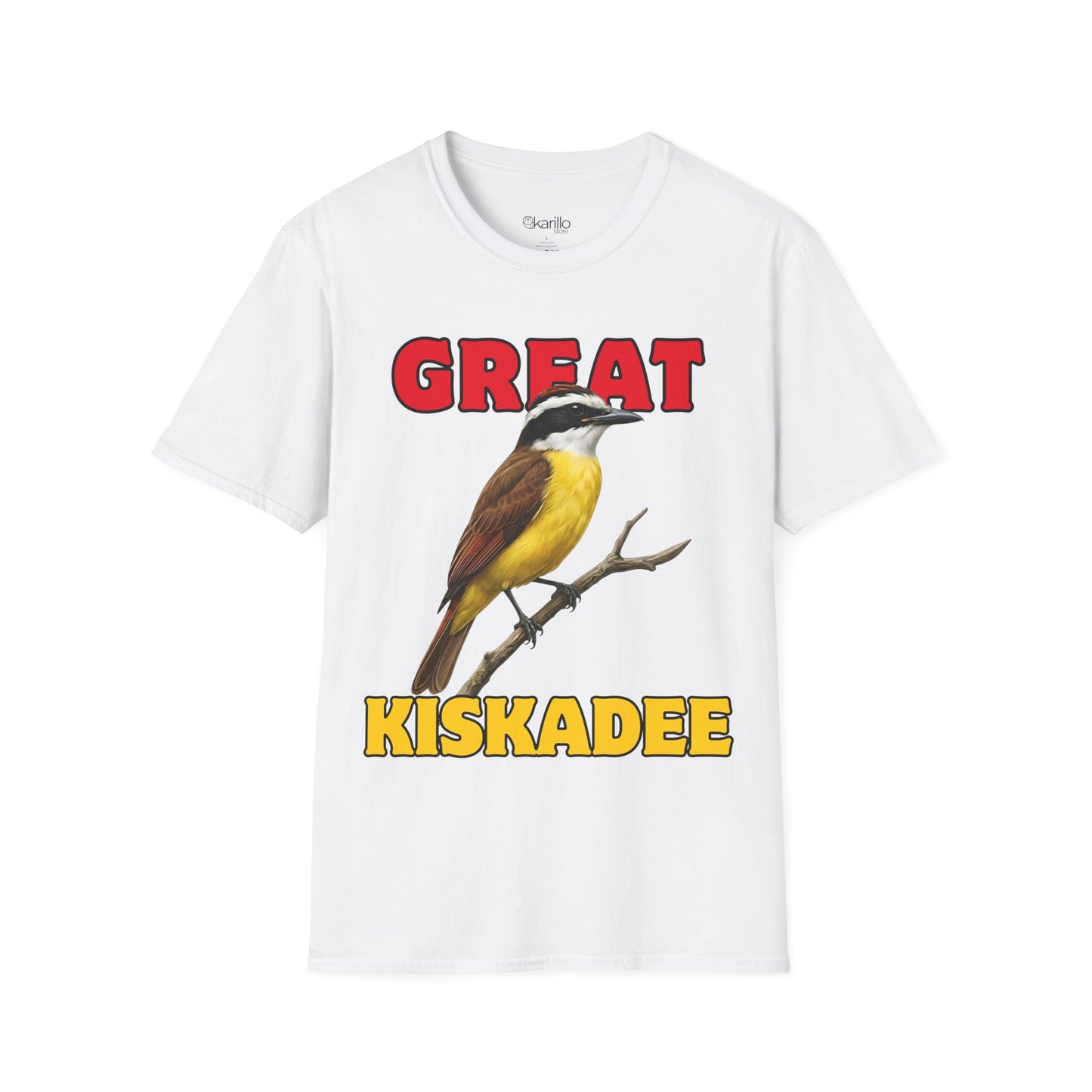 White t-shirt with a bird graphic and text 'GREAT KISKADEE' on a white background