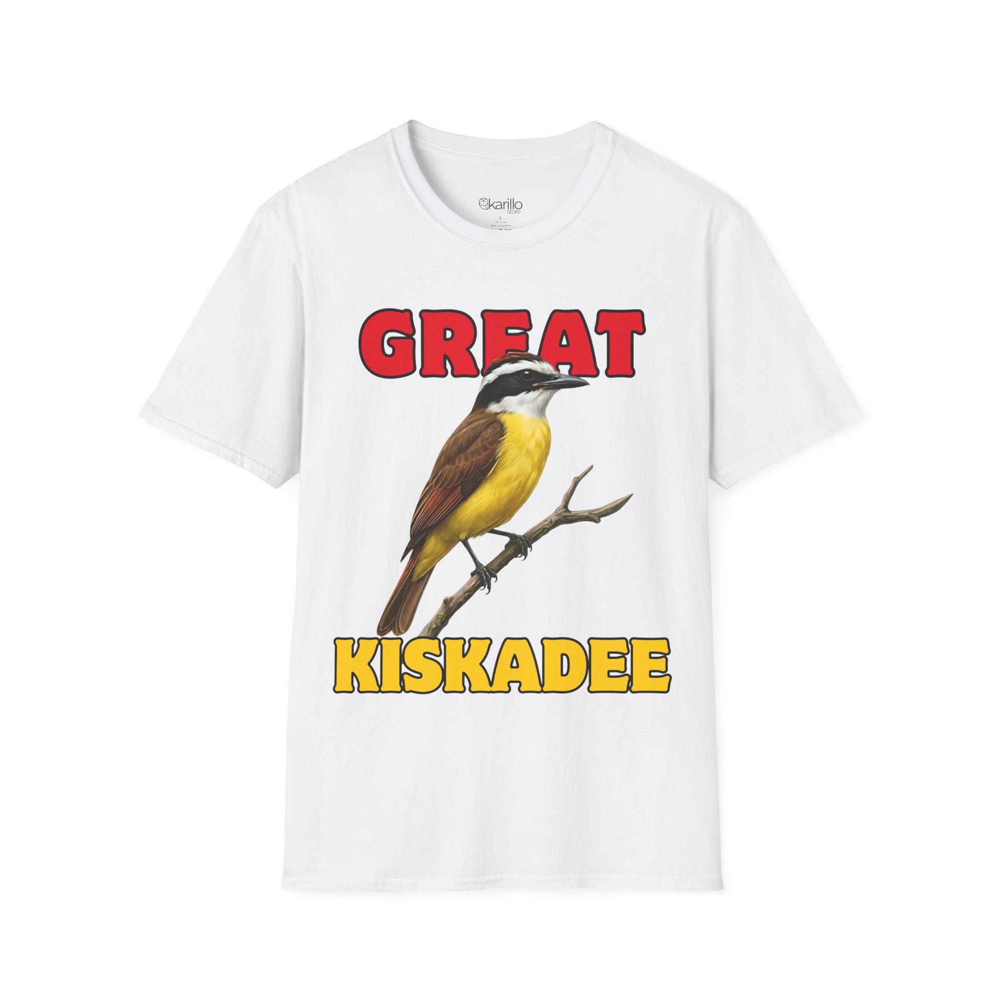 White t-shirt with a bird graphic and text 'GREAT KISKADEE' on a white background