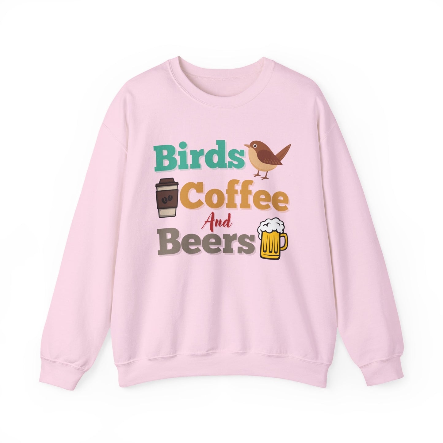 Pink sweatshirt with colorful "bird, coffee, beers" text and graphics on a white background